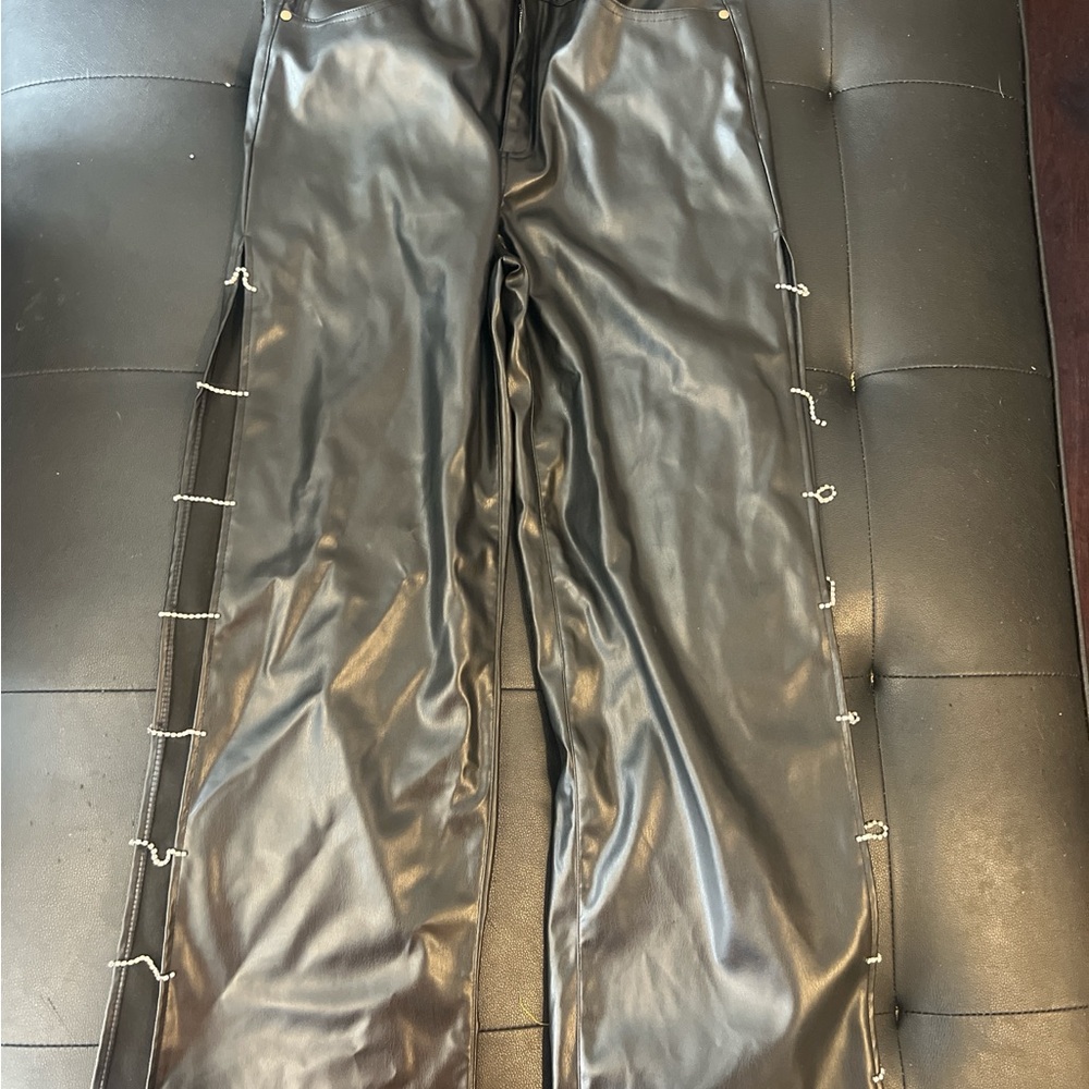Women Black Leather Pants with split on the Side